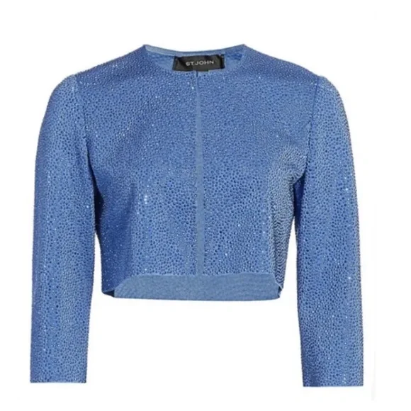 St John Liquid Milano Stud Knit Evening Crop Jacket Royal Blue Rhinestone Size 2 - Picture 1 of 9